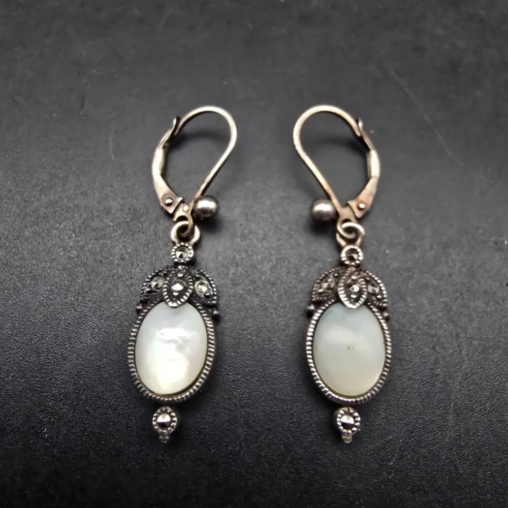 Judith Jack Mother of Pearl Marcasite Earrings Sterling Silver 925